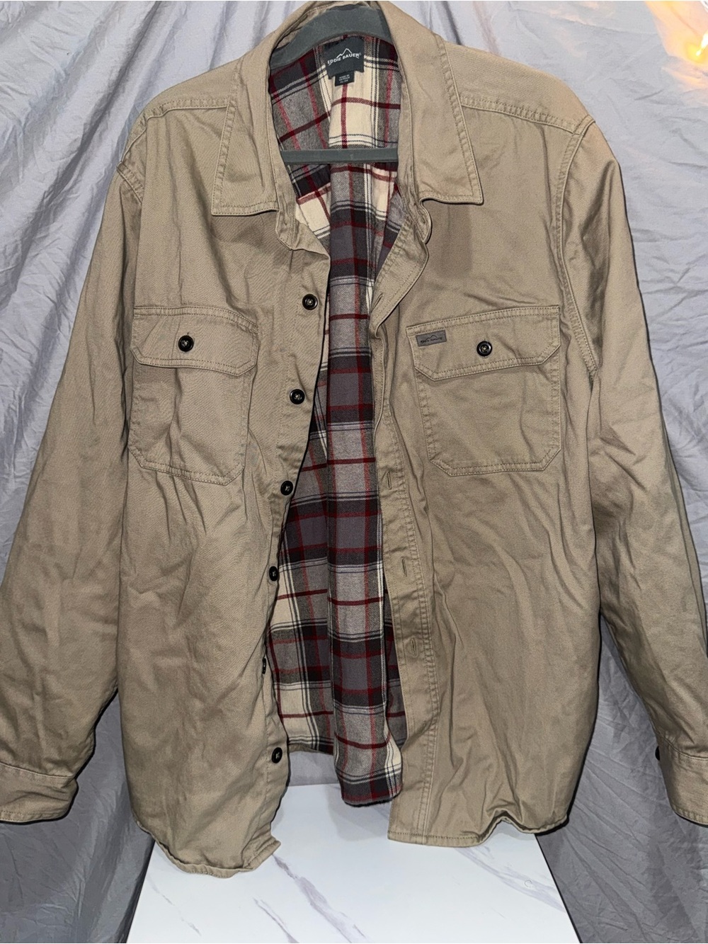 Eddie Bauer Men's Tan Canvas Shacket with Plaid Lining